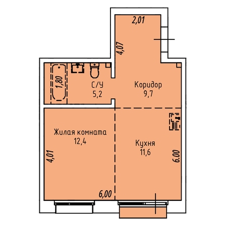 Планировка 1-комн 39,6, 39,9 м²