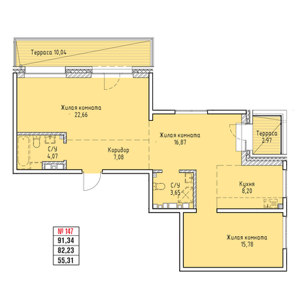 Планировка 3-комн 91,34 м²