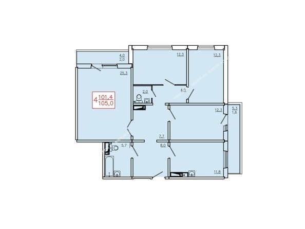 Планировка четырехкомнатной квартиры 105 кв.м. Этажи 2-9
