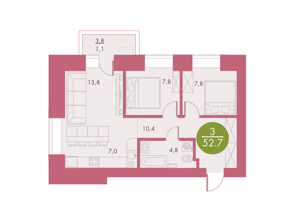 Планировка трехкомнатной квартиры 52,7 кв.м