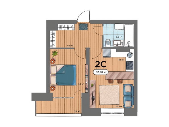 Планировка 2-комн 37,9 м²