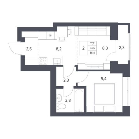 Планировка 2-комн 34,6 м²