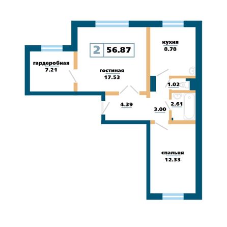 Планировка 2-комн 56,87 м²
