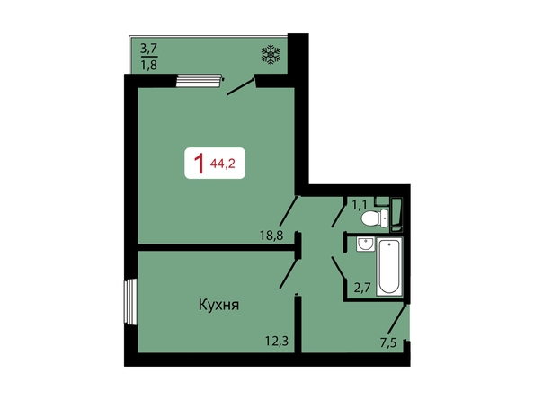 Планировка 1-комн 44,2 м²