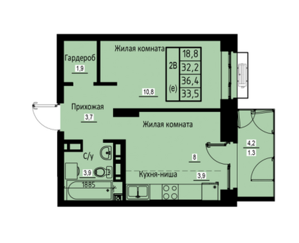 Планировка 2-комн 33,5 м²