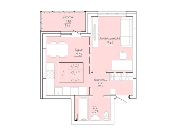 Планировка 1-комн 32,65 - 37,87 м²