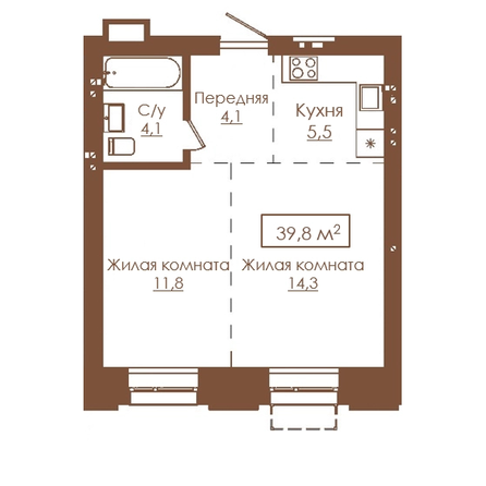 Планировка 2-комн 39, 39,7 м²