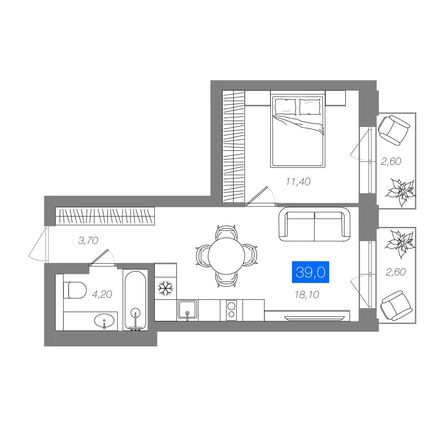 Планировка 1-комн 39 м²