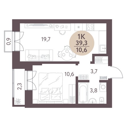 Планировка 1-комн 39,3, 39,4 м²