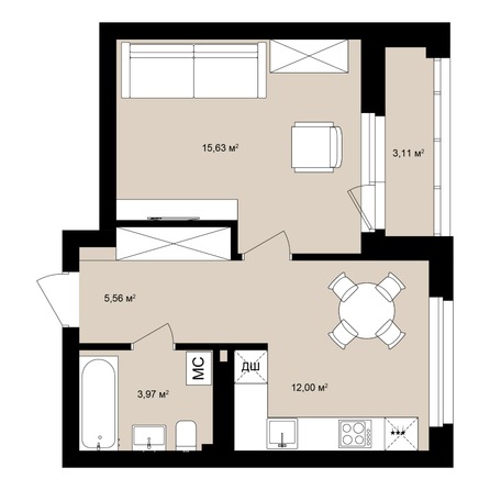 Планировка Студия 39,55, 39,71 м²