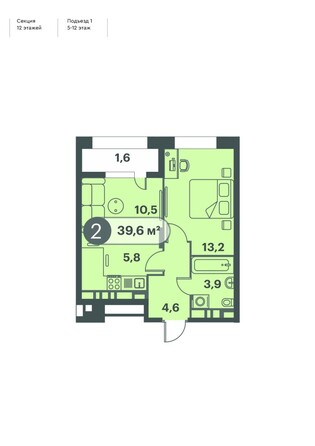 Планировка 2-комн 39,6 м²