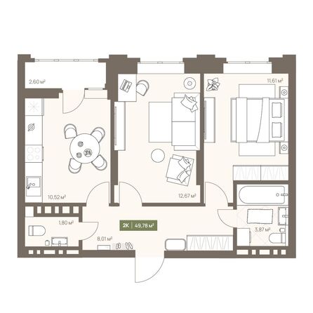 Планировка 2-комн 49,78 м²