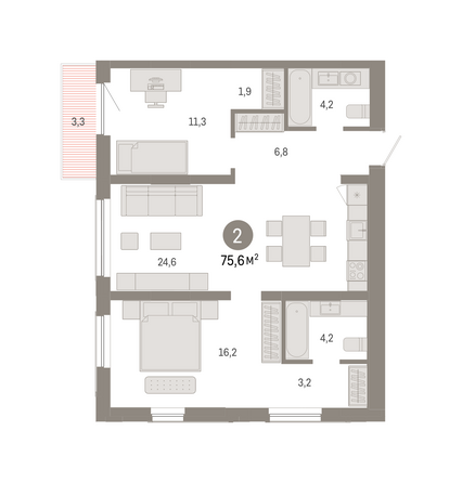 Планировка 2-комн 75,62 м²