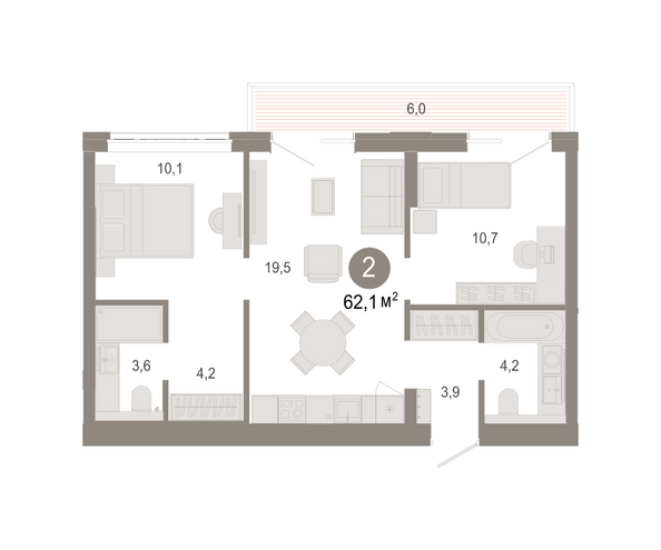 Планировка 2-комн 62,08 - 63,33 м²