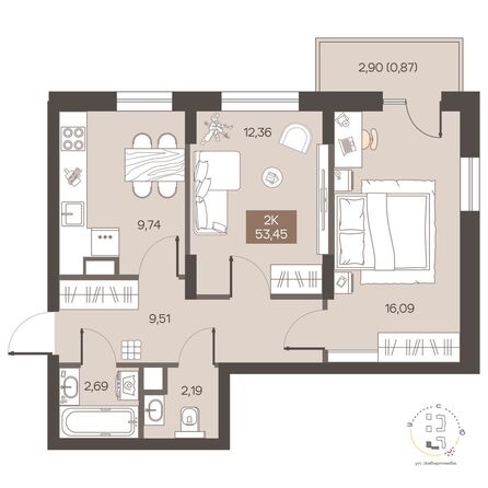 Планировка 2-комн 53,45 м²