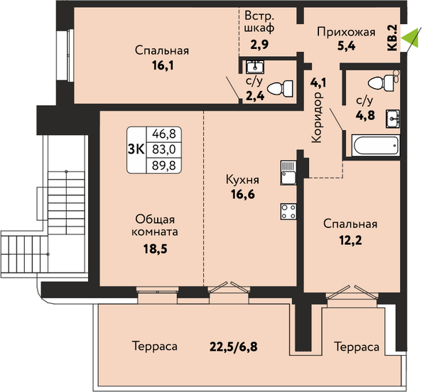 Планировка 3-комн 89,9 м²
