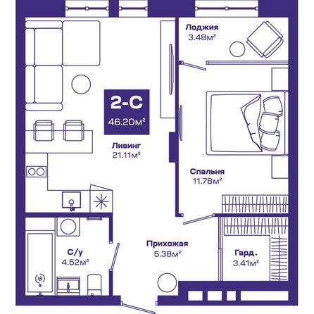 Планировка 2-комн 46,2 м²
