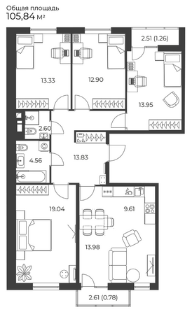 Планировка 4-комн 105,84 м²