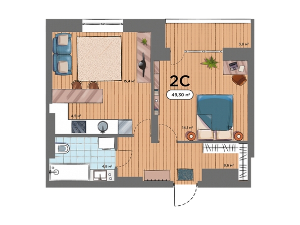 Планировка 2-комн 49,3 м²
