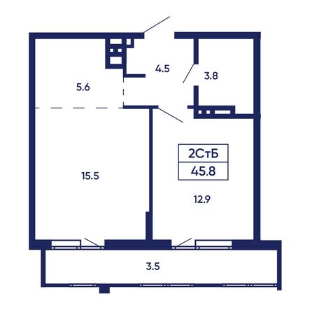 Планировка 2-комн 45,8 - 46,1 м²