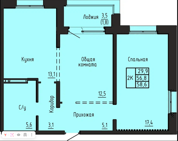 Планировка 2-комн 58,6 м²