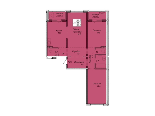 Планировка 3-комн 89,8, 90 м²