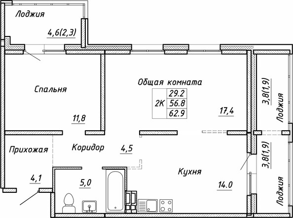 Планировка 2-комн 62,9 м²