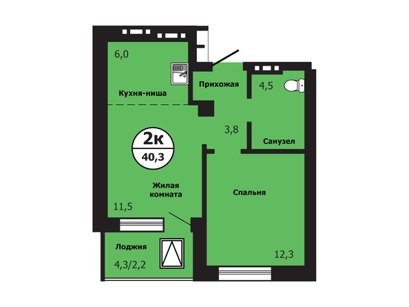 Планировка 2-комн 40,3, 40,4 м²