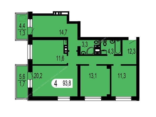 Планировка четырехкомнатной квартиры 93,8 кв.м