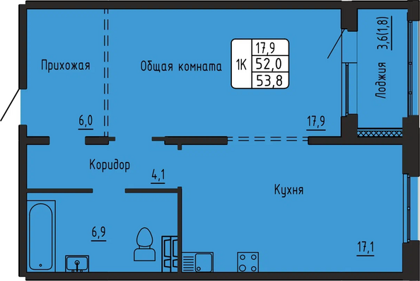 Планировка 1-комн 53,8 м²