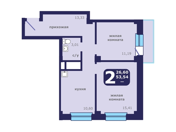 Планировка 2-комн 56,73, 56,96 м²