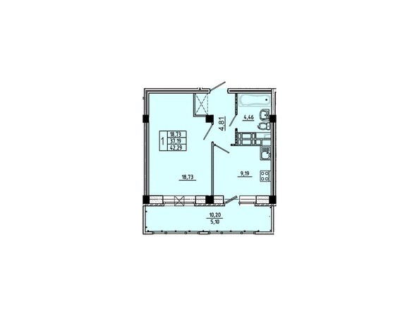 Планировка 1-комнатной квартиры 42,29 кв.м