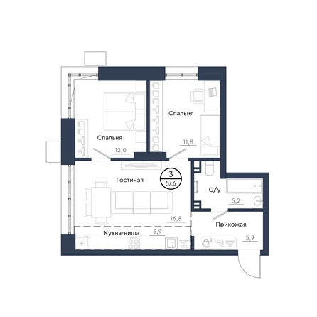 Планировка 3-комн 57,6 м²