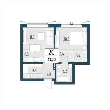 Планировка 2-комн 43,2 м²
