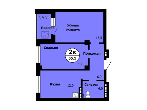 Планировка 2-комн 55,1 - 56,4 м²