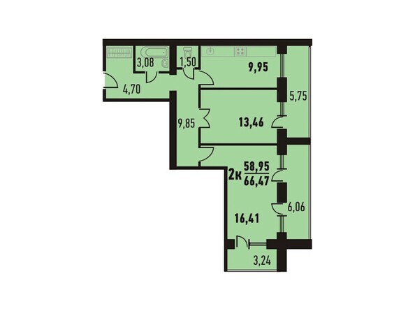 Планировка двухкомнатной квартиры 66,47 кв.м