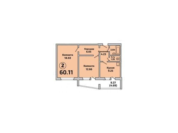 Планировка 2-комнатной квартиры 60,11 кв.м