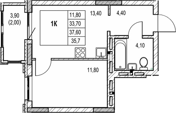 Планировка 1-комн 33,7 м²