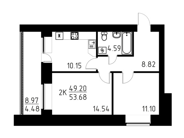 Планировка 2-комн 53,68 м²