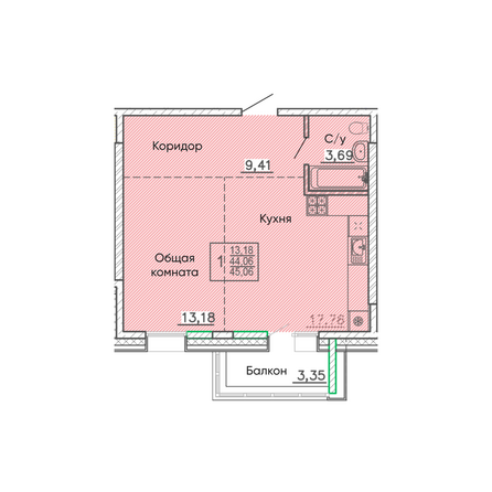 Планировка 1-комн 45,06 м²