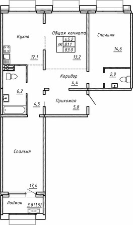 Планировка 3-комн 83 м²