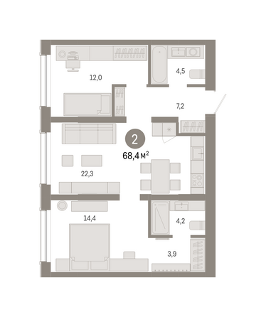 Планировка 2-комн 68,43 м²