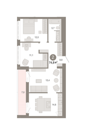 Планировка 2-комн 74,77 м²