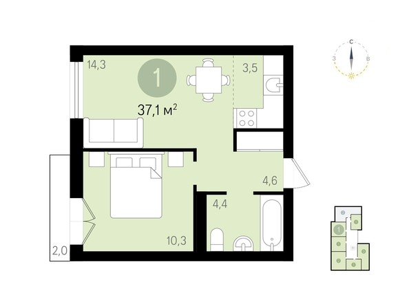 Планировка 1-комнатной квартиры 37,1 кв.м