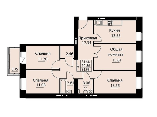 Планировка четырехкомнатной квартиры 91,98 кв.м
