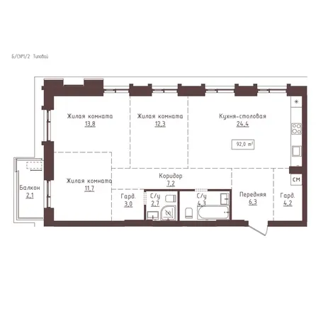 Планировка 3-комн 92 м²