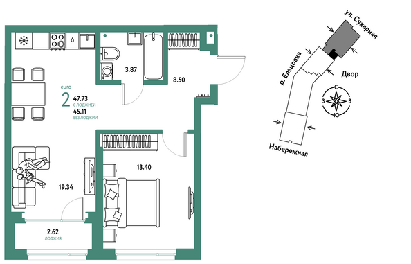 Планировка 2-комн 47,73 м²