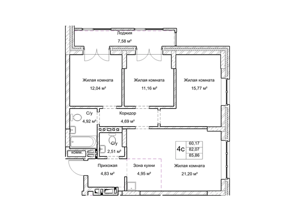 Планировка четырехкомнатной квартиры 82 кв.м