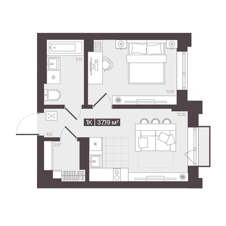 Планировка 1-комн 37,19, 37,34 м²