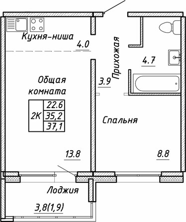 Планировка 2-комн 37,1 м²